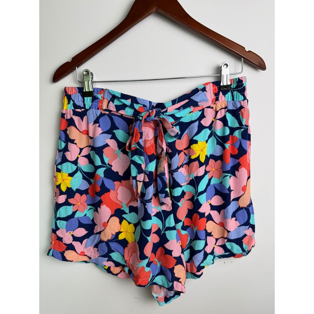 LCW CASUAL Floral Tie Waist Shorts Women Navy Blue Multi Size 42